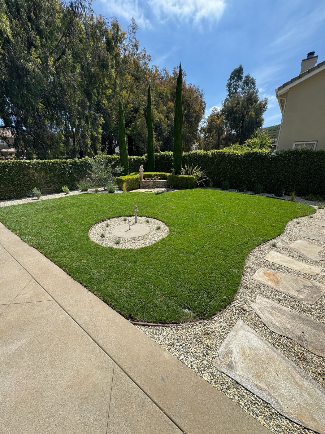 Manicured lawn framed by Italian cypress in Kaplan by Abshire Brothers Lawn & Landscape